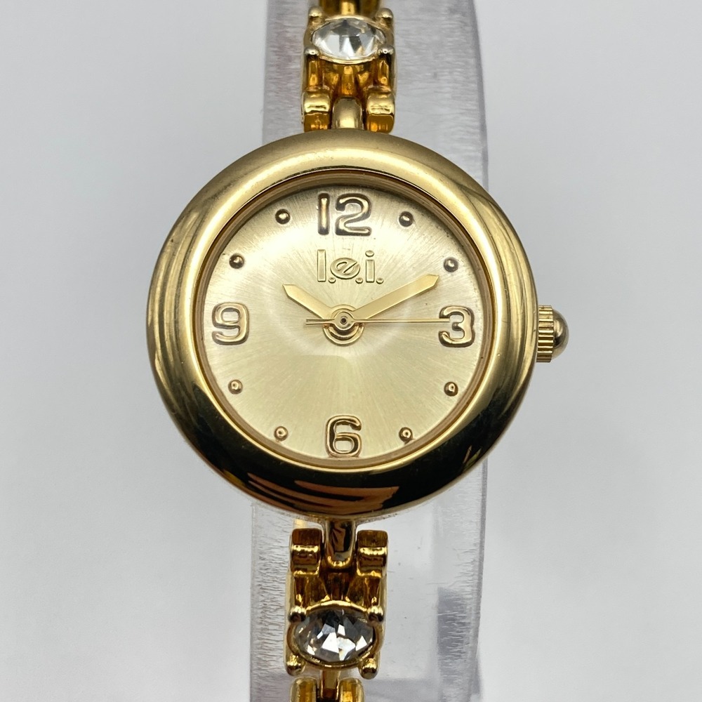 Lei Women's Watch Tennis Bracelet Gold Tone 23mm Crystals New Battery SMALL 6"
